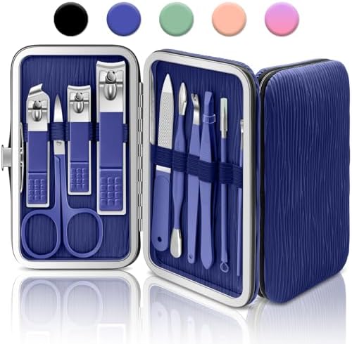 BLESWIN Manicure Set, 10 in 1 Professional Manicure and Pedicure Kit, Nail Care Kit for Women, Mens Nail Grooming Kit, Portable Nail Clipper Set Blue Leather Case for Travel Home by BLESWIN