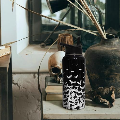 Insulated Halloween Water Bottle 32 oz, Bat Water Bottle with Straw, Reusable Leakproof Water Bottle Stainless Steel, Halloween Gifts for Women