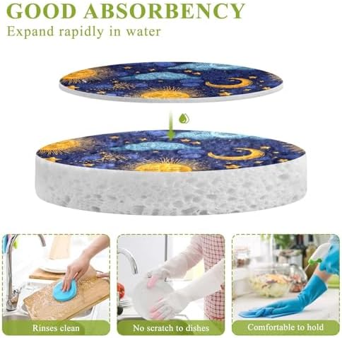 Dish Sponge 3Pcs Kitchen Sponges Non-Scratch Soft Expandable Washing Dishes Stain Odor Resistant Cellulose Sponges Packs for Dish Bathroom Household Sun Moon Clouds Dark Blue - Image 3