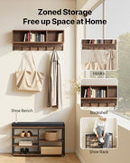 VEVOR Coat Rack with Shoe Bench, 3-in-1 Shoe Coat Rack Combo Set with Hooks and Bookshelf, Steel Frame Hall Tree Entrance Storage Organizer Holder for Entry, Bedroom, Closet, Office, Rustic Brown