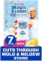 Mr. Clean Magic Eraser Sponge, Bathroom Cleaner, Shower Cleaner, Tub Cleaner, Soap Scum Remover, Bathroom Cleaning Supplies, Dawn Cleaning Power with Lemon Scent, 2 in 1 Bath, 7ct