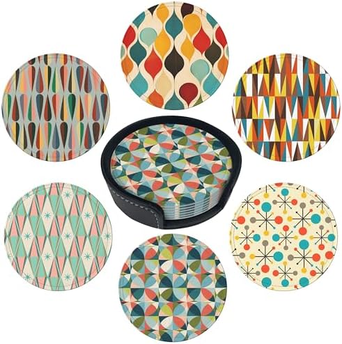 Middle Ages Coasters Leather Round Drink Coasters 6 Pcs Set with Holderor for Cup Drink Coffee Table Bar Home Decor