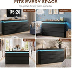 9 Drawer Dresser with LED Lights and Charging Station, Modern Black Dresser