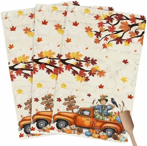 Thanksgiving Kitchen Towels, Absorbent Microfiber Kitchen Dish Hand Tea Bath Towel, Fall Scarecrows Maple Leaf Truck Beige Quick Dry Cleaning Cloth Dishclothes Decorative Sets, (3-PC, 18x28) by ZOE+GARDEN