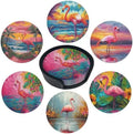 Flamingo Coasters Leather Round Drink Coasters 6 Pcs Set with Holderor for Cup Drink Coffee Table Bar Home Decor