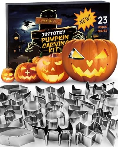 JUSTOTRY Pumpkin Carving Kit with Hammer - Safe for Kids, Halloween Pumpkin Carving Tools, Durable Stainless Steel Non-knife Stencils, Set for Adults, 23 PCS