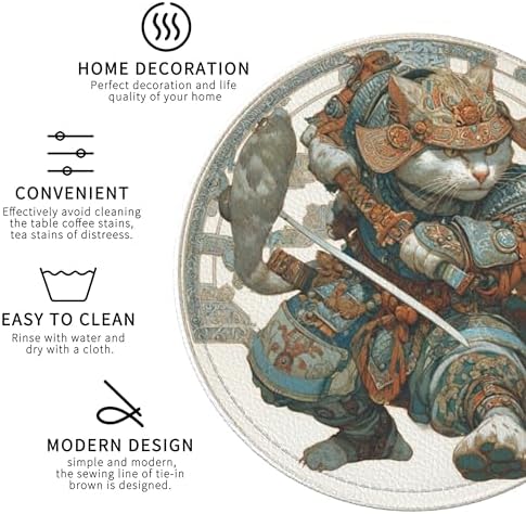 Japanese Cat Coasters Leather Round Drink Coasters 6 Pcs Set with Holderor for Cup Drink Coffee Table Bar Home Decor