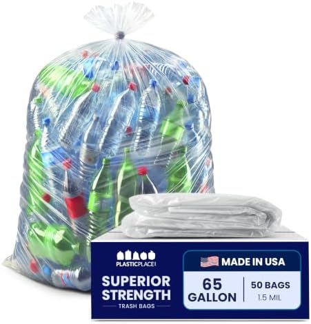Plasticplace 65 gallon Trash Bags │ 1.5 Mil │ Clear Heavy Duty Garbage Can Liners │ 50” x 48” (50Count)