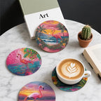 Flamingo Coasters Leather Round Drink Coasters 6 Pcs Set with Holderor for Cup Drink Coffee Table Bar Home Decor