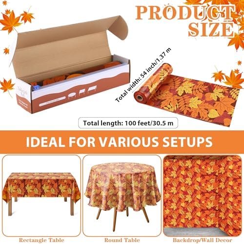 Kochorie 100 Ft x 54 Inch Fall Leaf Tablecloth Roll with Cutter Box Disposable Fall Thanksgiving Plastic Table Cover Backdrop Cut to Size Maple Leaves Table Cloth Roll for Autumn Party Decorations