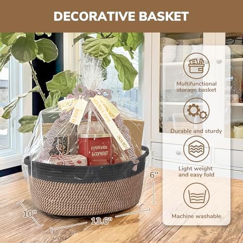 CHICVITA Large Wicker Basket with Bags & Ribbon for Gifts, Black & Jute