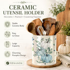 Fall Blue Kitchen Utensil Holder, Pumpkin Large Ceramic Utensil Holder For Kitchen Organizer, Autumn Farm 6.3'' Cooking Utensil Crocks Rustic Decor Utensil Storage Cup for Countertop