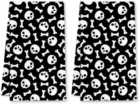 MUBIAO 2 Pcs Halloween Kitchen Towels, Skull Bone Black Dish Hand towel1743