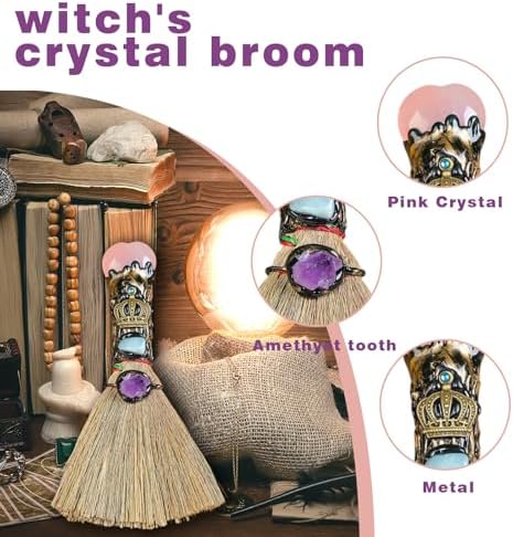 Witch Broom Halloween Crystal Witch Wiccan Altar Broom, Witchcraft Witches Pagan Altar Decor, Handmade Ritual Magic Ceremonial (Pink Crystal)