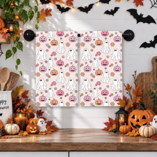 2 Pcs Halloween Kitchen Towels, Retro Line‑Art Ghost Dish Hand towel1735