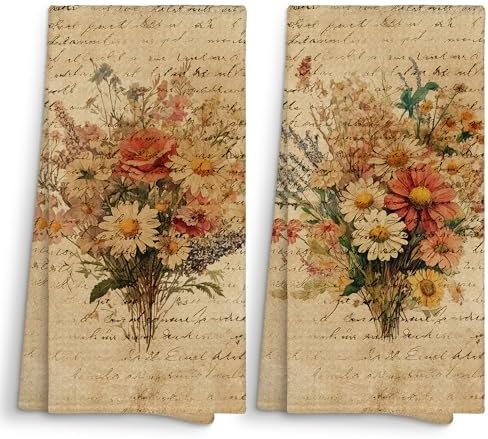 Vintage Floral Flower Kitchen Towels Decorative 16x24 Set of 2, Beige Fall Botanical Dish Towels Cloths Dishcloths Tea Towel Gifts, Autumn Wildflower Bouquet Bathroom Kitchen Hand Towel Decor by home