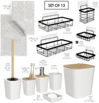Clara Clark Bathroom Set - White Bathroom Accessories Set, 6PC Bathroom Accessory Set, Bathroom Sets with Bathroom Rugs, Adhesive Corner Shower Caddy Hanging, Toilet Brush, Trash Can & Soap Dispenser