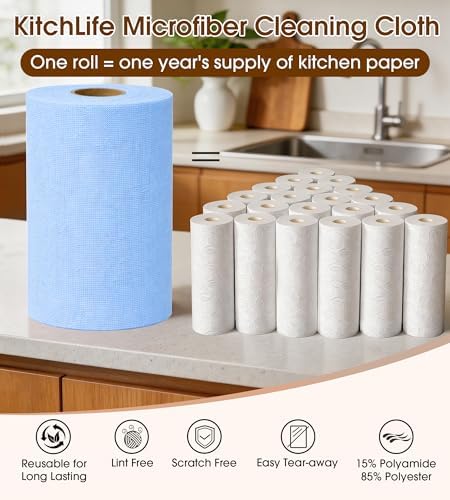 KitchLife Microfiber Cleaning Cloth Roll, 100 Pack - Tear-Away Microfiber Paper Towels, Lint-Free, Reusable, Washable for Kitchen, Car, Dishes, and Sensitive Surfaces (Blue)