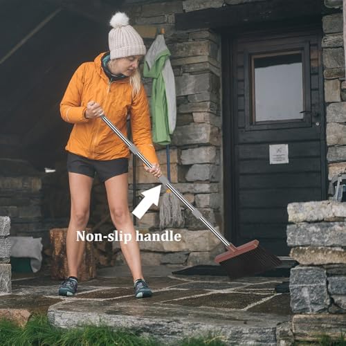 Upgrade Broom and Dustpan Set, Self-Cleaning with Dustpan Teeth, Ideal for Dog Cat Pets Home Use, Super Long Handle Upright Stand Up Broom and Dustpan Set (Brown)