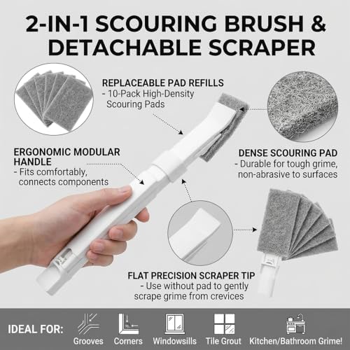 Home Detail Cleaning Kit, Crevice Cleaning Brush, 5-in-1 Detail Duster, Replacement Pads, Microfiber Sleeves and Storage Bag for Window Tracks, Air Vents, Kitchen and Bathroom