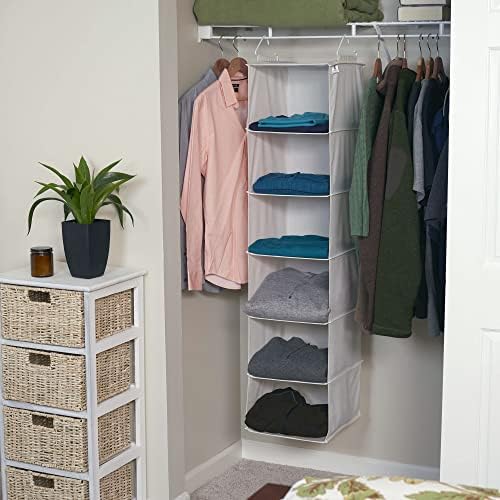 Household Essentials 6‑Shelf Hanging Closet Organizer in Soft Blended Canvas with Durable Plastic Shelving and Dual Wire Hooks, Cream