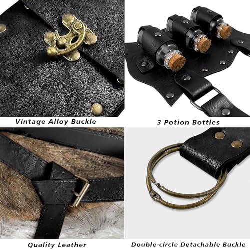 Alchemist Belt Pouch Potion Bottle Waist Bag Steampunk Phone Holder Medieval Leather Belt for Renaissance Cosplay Costume Accessories Christmas Gifts (3Bottles-Black)