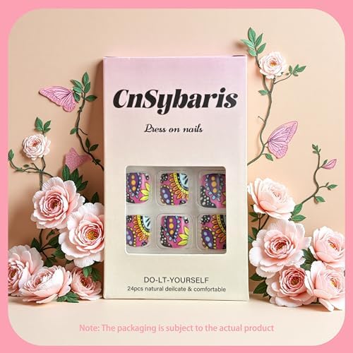24PCS Hot Pink Press on Toenails Short Square Fake Toenails Summer False Toe Nails with Colorful Flower Design Glue on Toenail Artificial Beach Flower Full Cover Toenail Acrylic Toenails for Women - Image 4