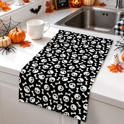 MUBIAO 2 Pcs Halloween Kitchen Towels, Skull Bone Black Dish Hand towel1743