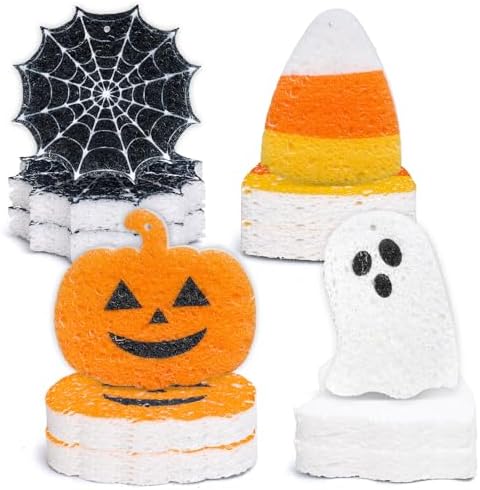 8Pcs Halloween Kitchen Sponges Water Absorbing Wood Pulp Sponges Cute Ghost Pumpkin Corn Spider Web Dish Washing Sponge for Kitchen Bathroom Home Cleaning by FYSUIMU