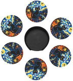 Halloween Pumpkin and Black Cat Coasters with Holder Leather Coasters for Drinks Set of 6 Funny Halloween Drink Coasters Sets for Living Room Kitchen Coffee Bar Holiday Decor