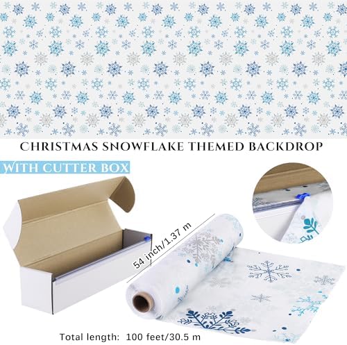 Kochorie 100 Ft x 54 Inch Christmas Snowflake Printed Tablecloth Roll with Cutter Box Disposable Blue and White Winter Snowflake Backdrop Cut to Size Table Cover for Frozen Birthday Party Supplies