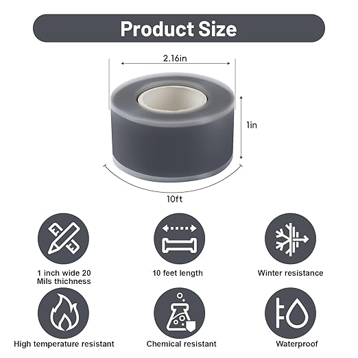 Self Fusing Silicone Tape 2 Rolls 1 in x 10' Grey Waterproof Rescue Tape Rubber - Image 2