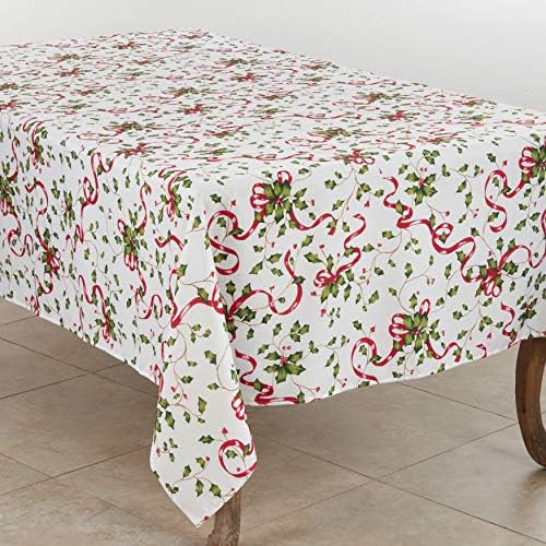 "SARO LIFESTYLE Holiday Collection Christmas Tablecloth With Holly and Ribbon Design, 50""x70"", Multi" (3175.M5070B)