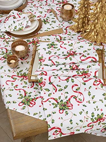 "SARO LIFESTYLE Holiday Collection Christmas Tablecloth With Holly and Ribbon Design, 50""x70"", Multi" (3175.M5070B)