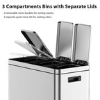 3 x 5.3 Gal Trash Can, Stainless Steel Triple Compartment Step-On Recycling Bin - Image 3