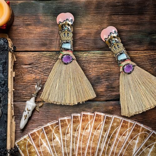 Witch Broom Halloween Crystal Witch Wiccan Altar Broom, Witchcraft Witches Pagan Altar Decor, Handmade Ritual Magic Ceremonial (Pink Crystal)