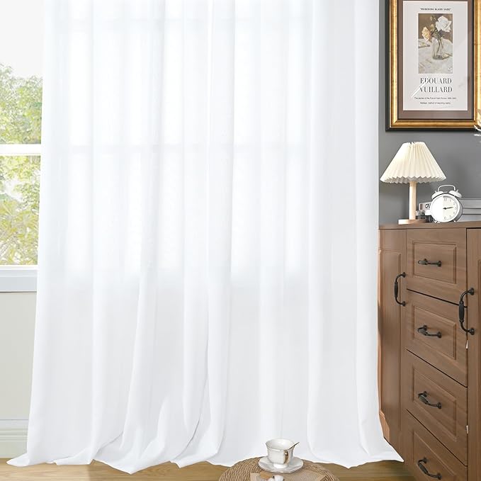 YoungsTex White Linen Curtains for Living Room 95 Inch Long 2 Panels, Semi - Image 8