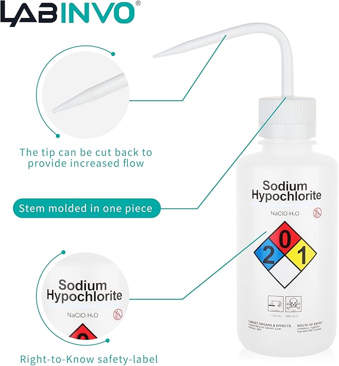 Sodium Hypochloride Wash Bottles, Narrow Mouth, Self-Venting Safety Wash Bottles - Image 4