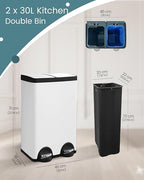 Dual Compartment Stainless Steel Trash Can, 16 Gallon / 60 Liters White Kitchen - Image 3