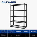 BILT HARD Garage Shelving 3000 LBS 36" W x 18" D x 72" H, Heavy Duty 5-Tier - Image 2