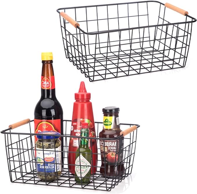 LeleCAT Wire Baskets with Wooden Handles Wire Storage Organizer Bin Baskets by LeleCAT
