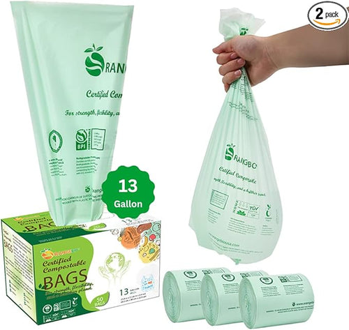 100% Compostable Trash Bags 13 Gallon Tall Kitchen, 0.9 Mil, Kitchen Compost by OrangeBio