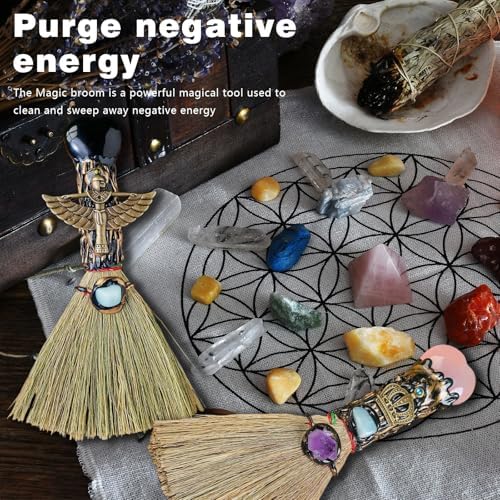 Witch Broom Halloween Crystal Witch Wiccan Altar Broom, Witchcraft Witches Pagan Altar Decor, Handmade Ritual Magic Ceremonial (Obsidian)