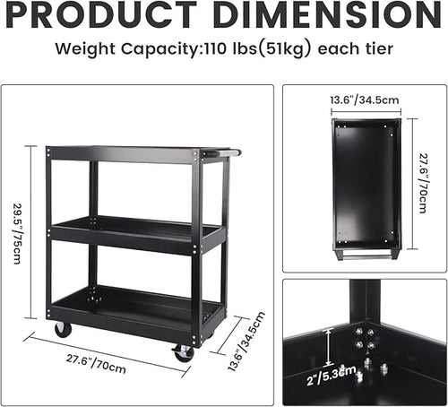 3-Tier Commercial Utility Cart, 3 Shelves Steel Service Tool Cart - Image 2