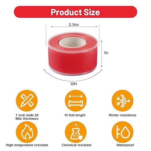 Self Fusing Silicone Tape 2 Rolls 1 in x 10' Red Waterproof Rescue Tape Rubber - Image 2