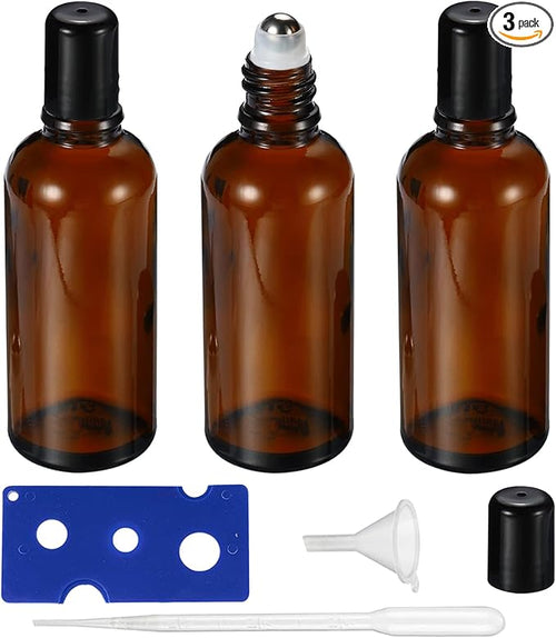100ML Roller Bottles for Essential Oil, 3 Pack Empty Amber Glass Roller Bottle by HEYLEAYAR