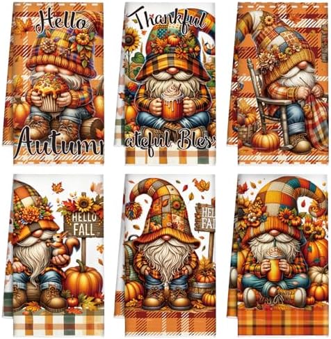Fall Kitchen Towels Set of 6, Orange Pumpkin Fall Dish Towels by VISSTREE