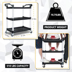 Plastic Utility Carts with Wheels, Heavy Duty 510lbs Capacity Rolling Service - Image 3