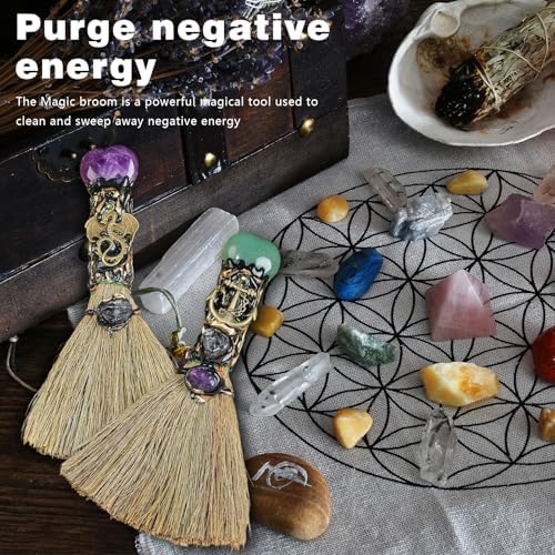 Witch Broom Halloween Crystal Witch Wiccan Altar Broom, Witchcraft Witches Pagan Altar Decor, Handmade Ritual Magic Ceremonial (Amethyst)