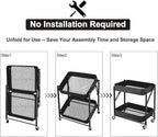 2-Tier Metal Folding Rolling Cart, Mobile Utility Cart Trolley Storage Organizer - Image 2